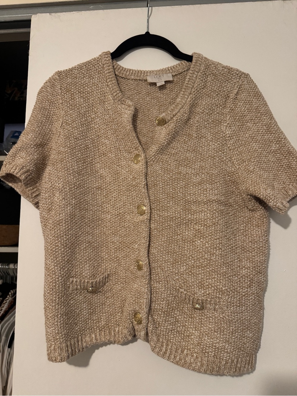 LOFT Short-Sleeve Knit Cardigan in Beige